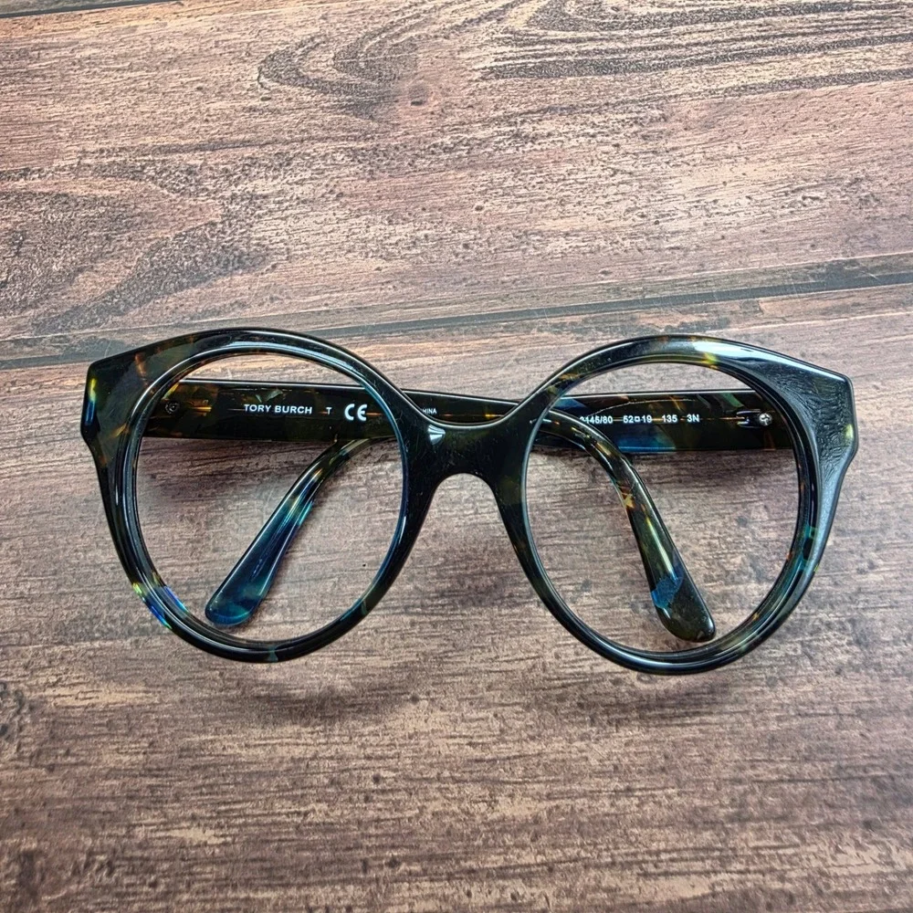 Tory Burch Tortoiseshell Round Cat-Eye Glasses with Blue Accents